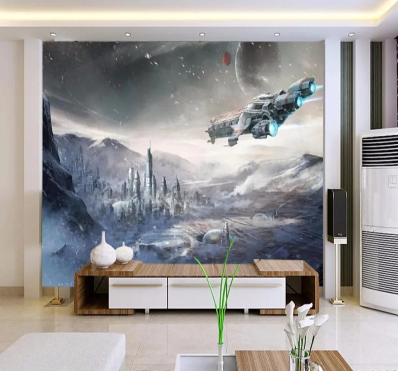 Wallpaper-3D-Xlm 350Cm×256Cm(B×H) Cartoon Technology Planet Starry Sky Spaceship 3D Wallpaper Easy Install Feature Office Living Room Sofa Bedroom Tv Background Wall Decoration-350Cm×256Cm
