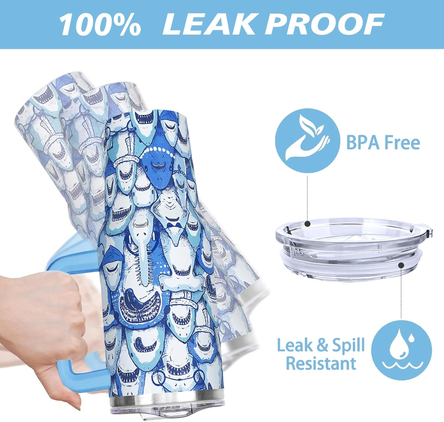 40 oz Funny Shark Tumbler with Handle and Straw Lid Gift Ideas for Shark Themed Lovers Adults Double Insulated Cup Travel Coffee Mug - Image 4