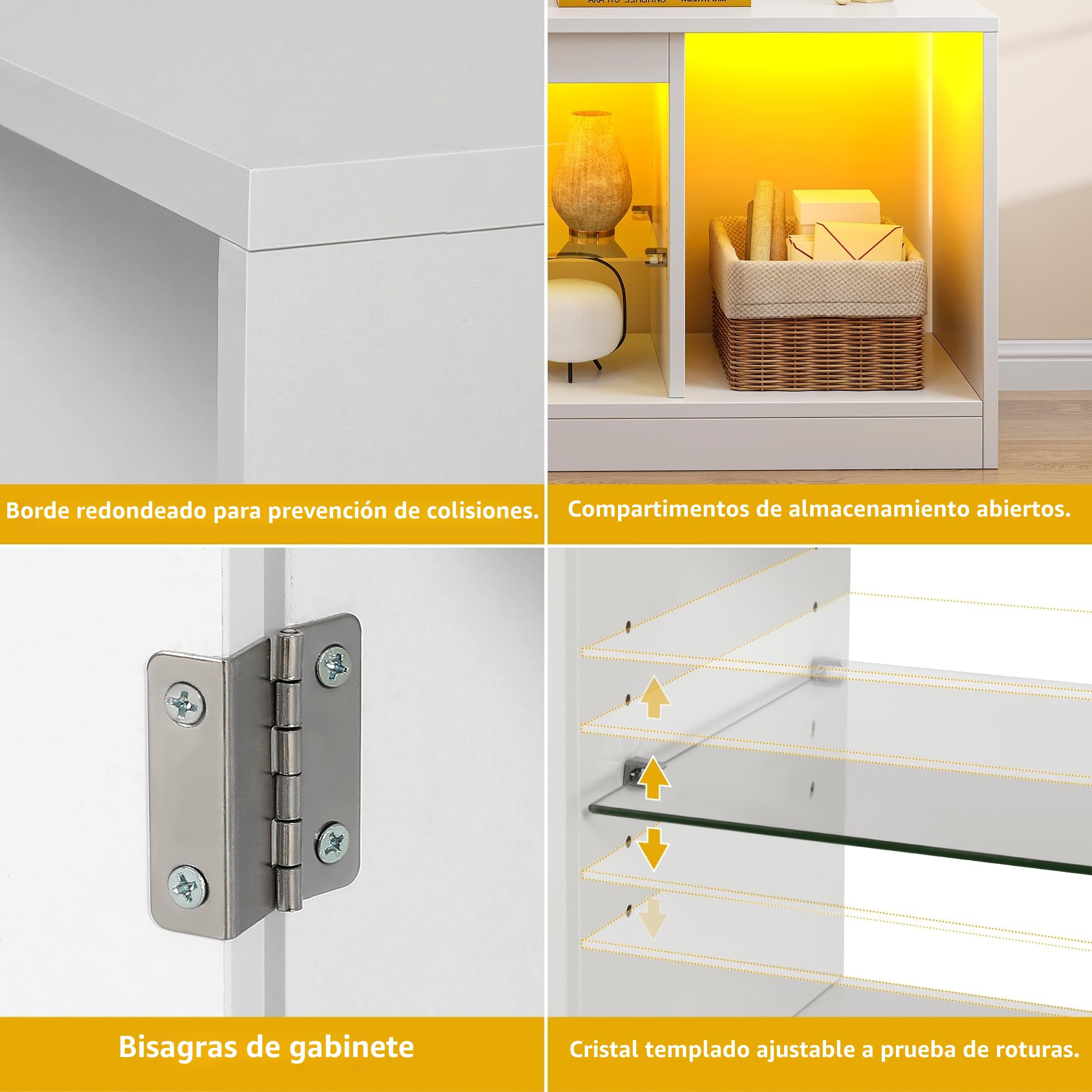 DWVO 148 cm Mueble de TV con Iluminación LED RGB 22 Modos para Televisores hasta 65 Pulgadas Mueble de Salón con Estantes de Cristal Regulables Ideal para Sala de Estar y Dormitorio