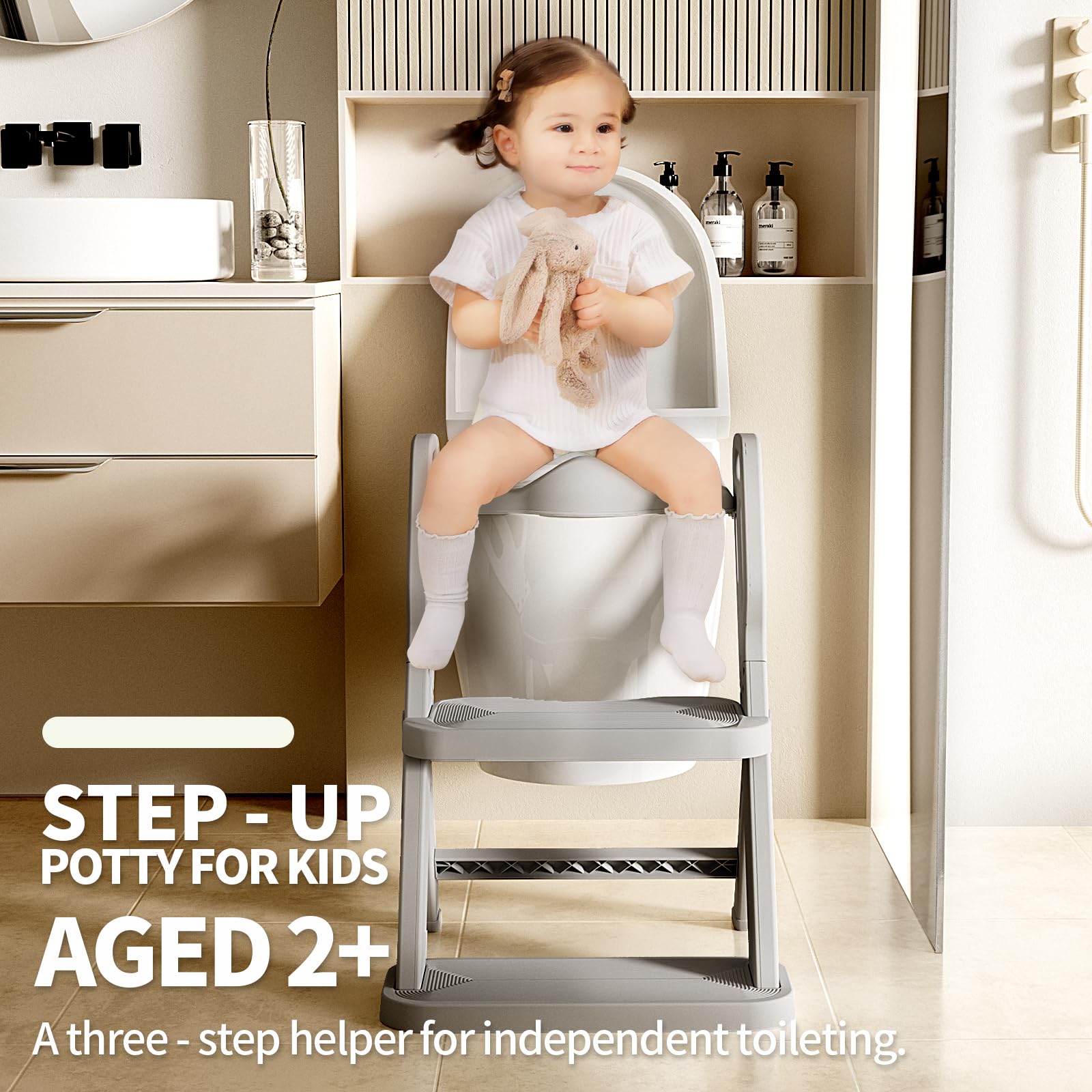 Toddler Potty Training Toilet Seat-Alongside Foldable Potty Train Chair Adapter, Potty Seats with Steps Ladder for Toddlers Kids, Boys, Girls, Child, Baby, and Must-Haves Portable Step Stool Supplies