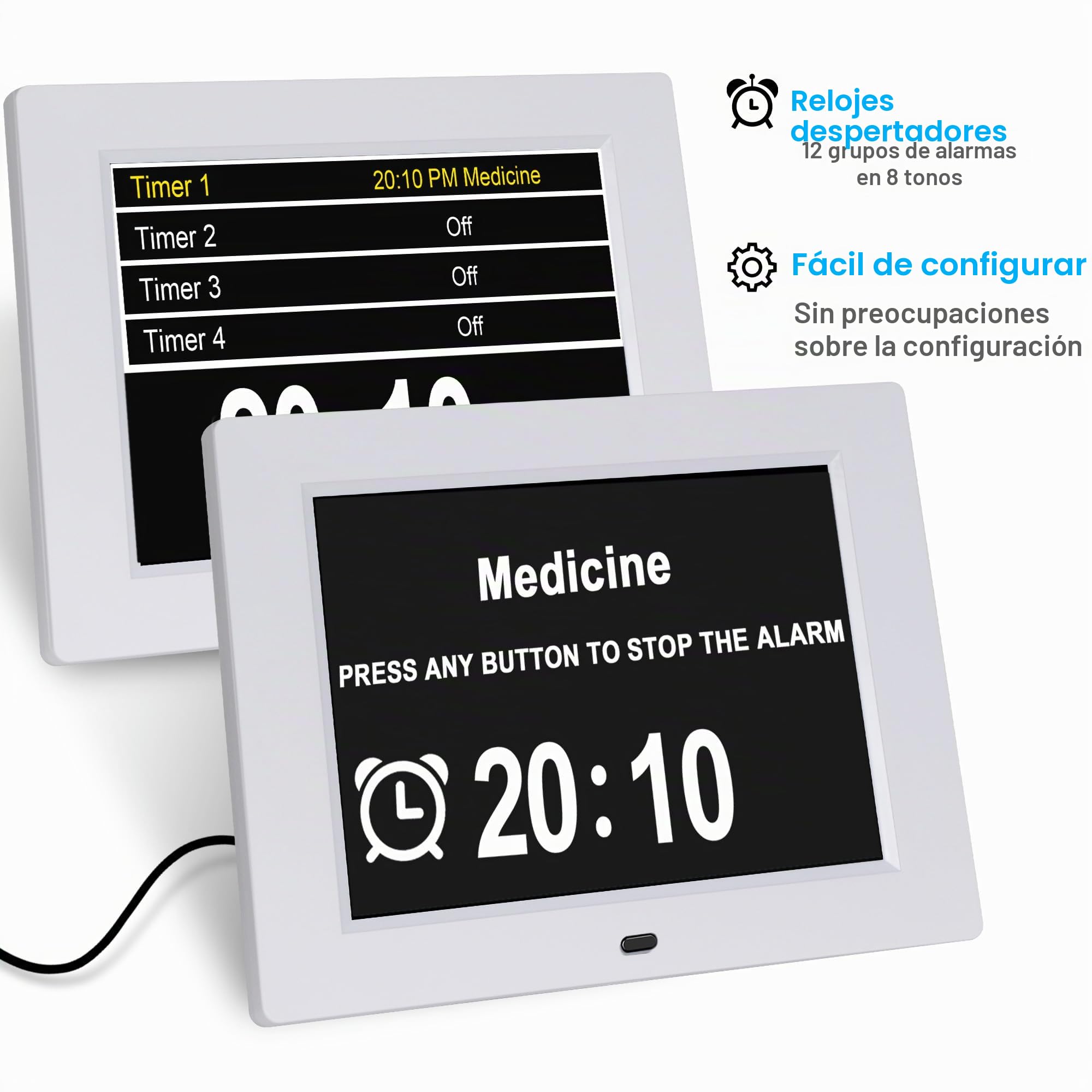 Reloj de día con calendario digital para personas mayores, personas mayores, Alzheimer (8 pulgadas blanco)
