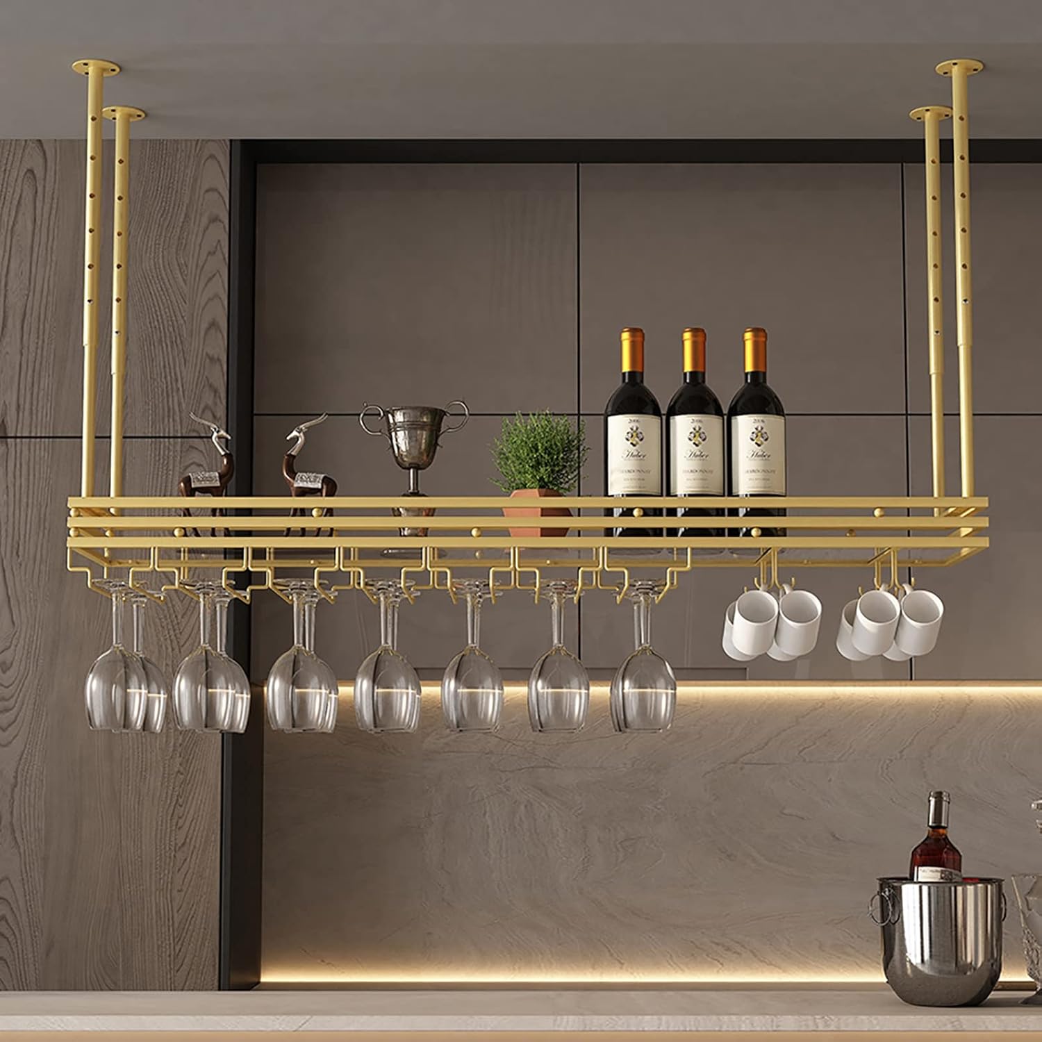 Ceiling Wine Glass Rack Industrial Metal Ceiling Rack,Adjustable Height,Wine Bottle Holder,Wine Stemware Goblets,Big Capacity Storage Shelf Organization,for Bars Restaurants Kitche