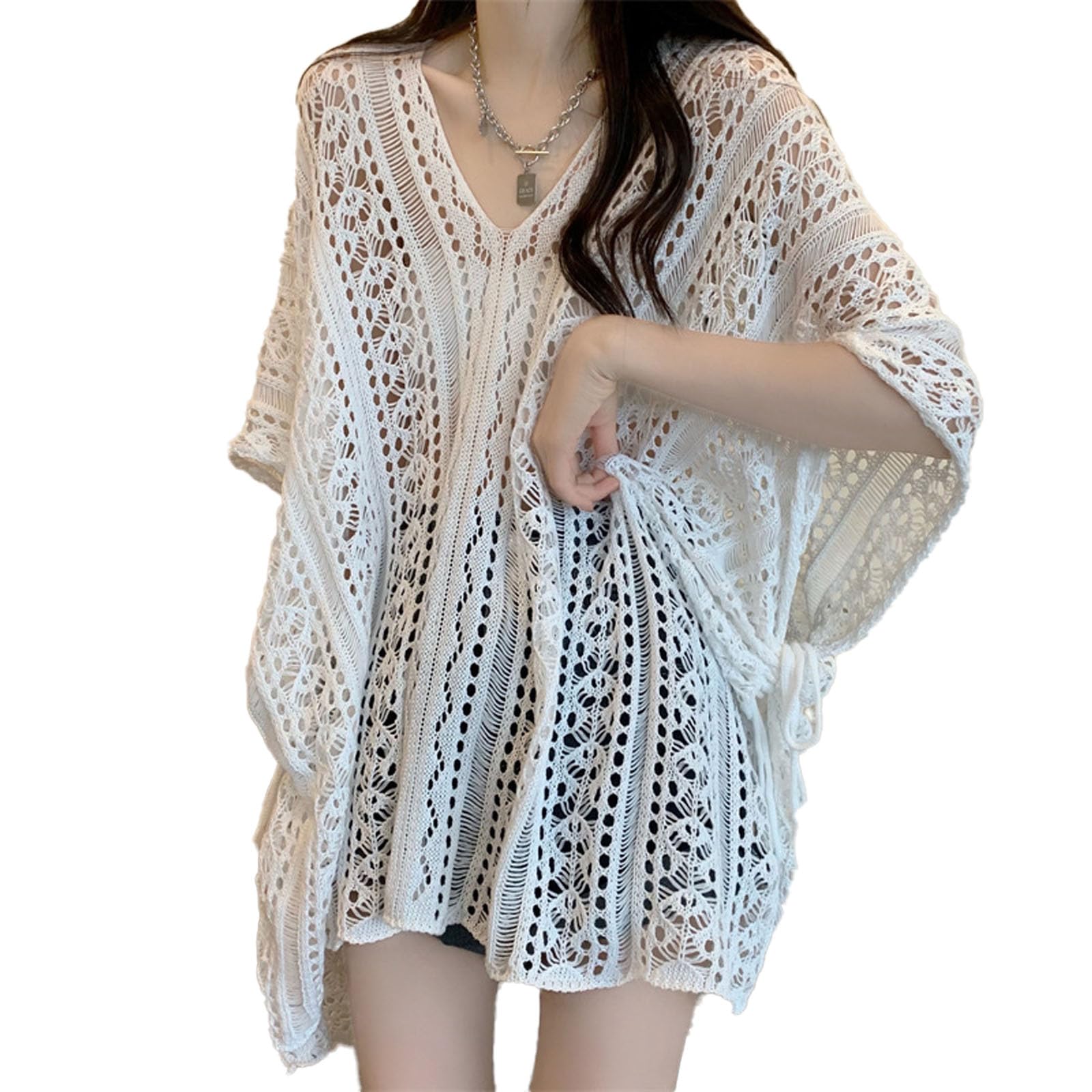 Beach Dresses for Womens, Crochet Beach Coverups for Women with Embroidery, White Beach Outfits for Women, Sarongs Style Beach Wear for Woman, Length 73cm Bust 160cm-image-12