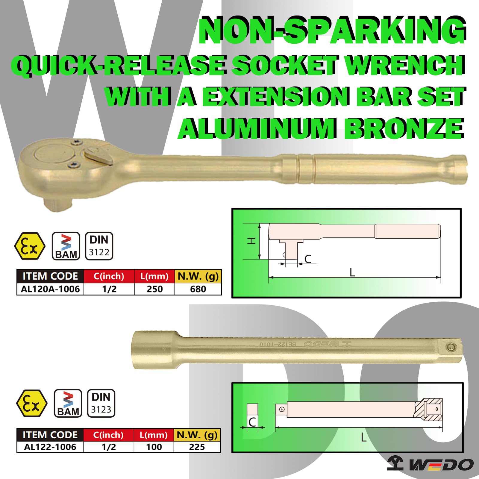 WEDO Juego de 2 trinquetes sin chispas, llave de trinquete de 1/2 pulgada de 250 mm, barra de extensión de 1/2 pulgada de 100 mm, bronce de aluminio, resistente a la corrosión, certificado BAM & FM,
