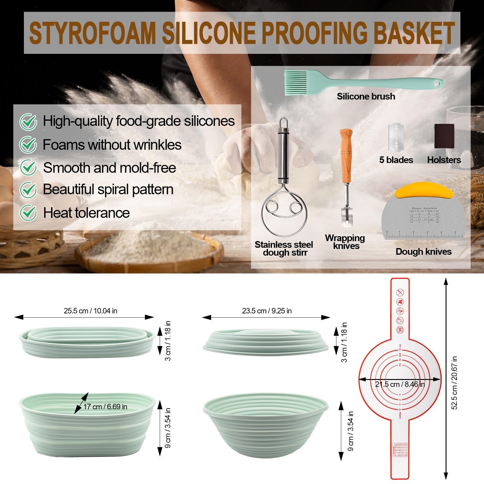 NCRexpanse Silicone Banneton Bread Proofing Basket Oval, Sourdough Starter Kit, Bread Making Tool Supplies Accessories, Bowl for Rising Baking Round Brotform Set Homemade Essentials (Light Green)