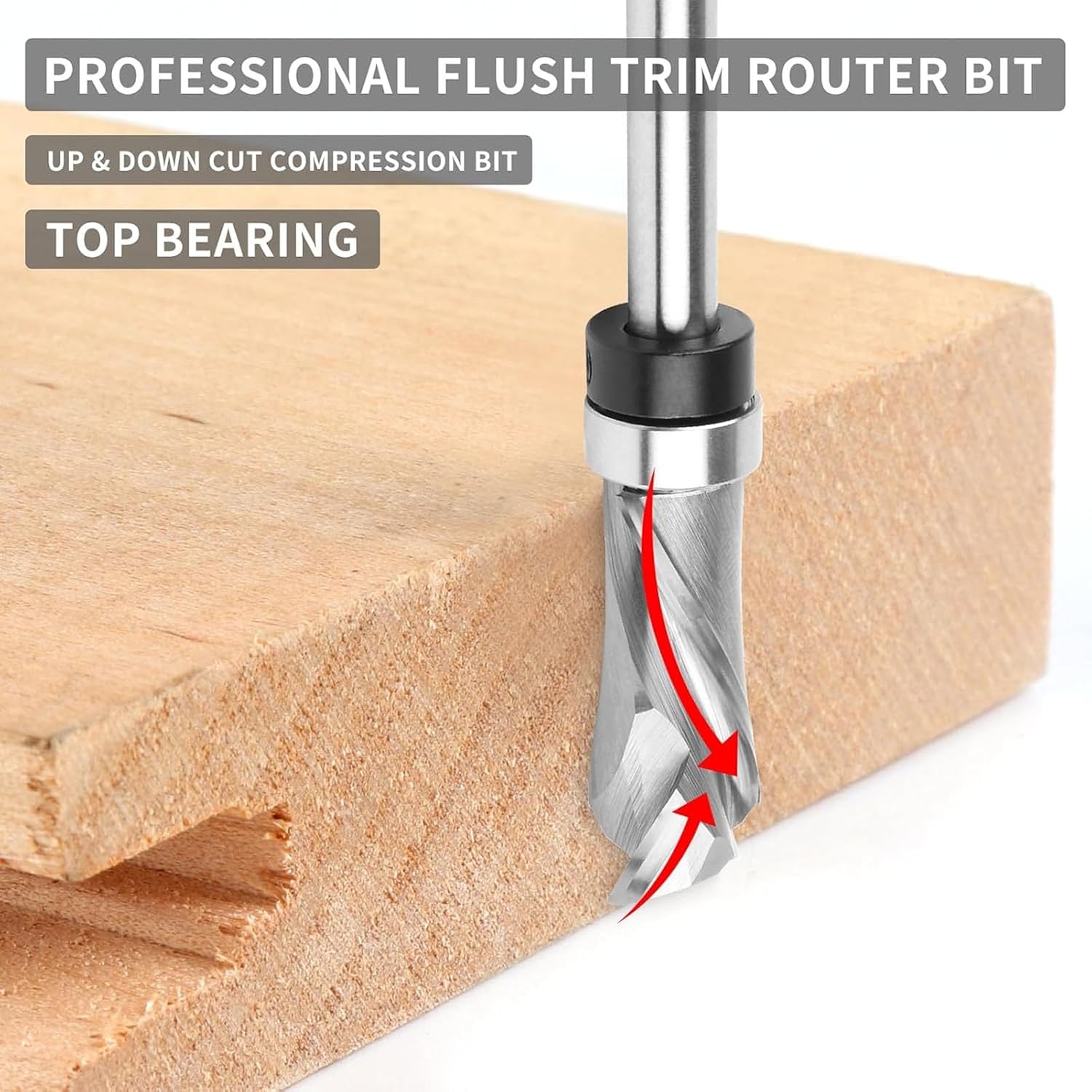 Solid Carbide Compression Flush Trim Router Bit 1/4 Inch Shank 1/2 Inch Cutting Dia Spiral Up Down Flush Cut Pattern Tool for Wood Trimming Template Work