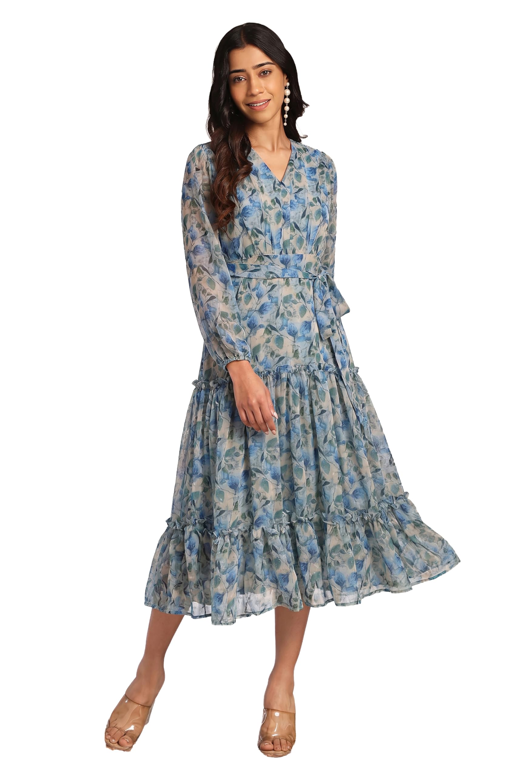 janasya Women's Beige Georgette Leaf Printed Tiered Dress-picture-25