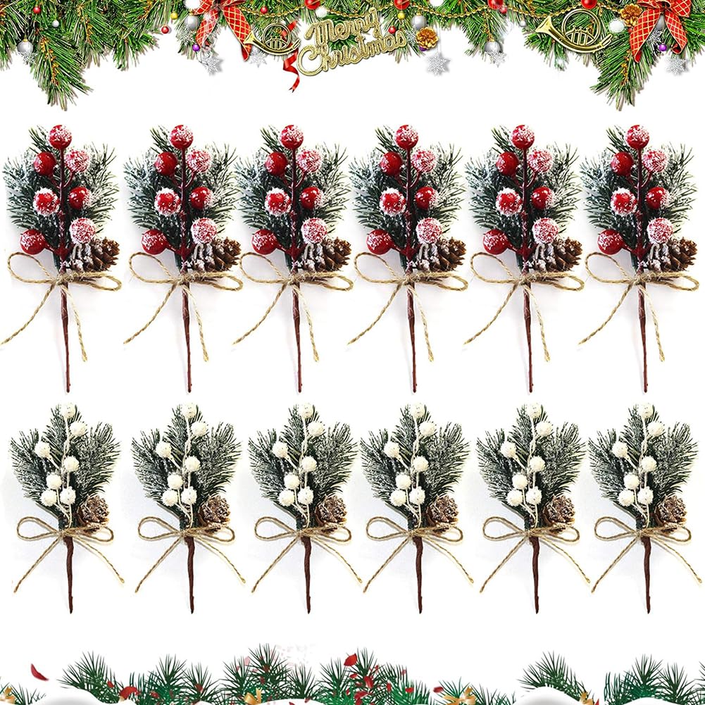 Mifklmv Red 12Pcs Christmas Artificial Berries Stems Christmas Picks Spray Artificial Pine Cones Holly Stem Craft For Tree Decorations, Diy Wreath Garland Gift Wrapping