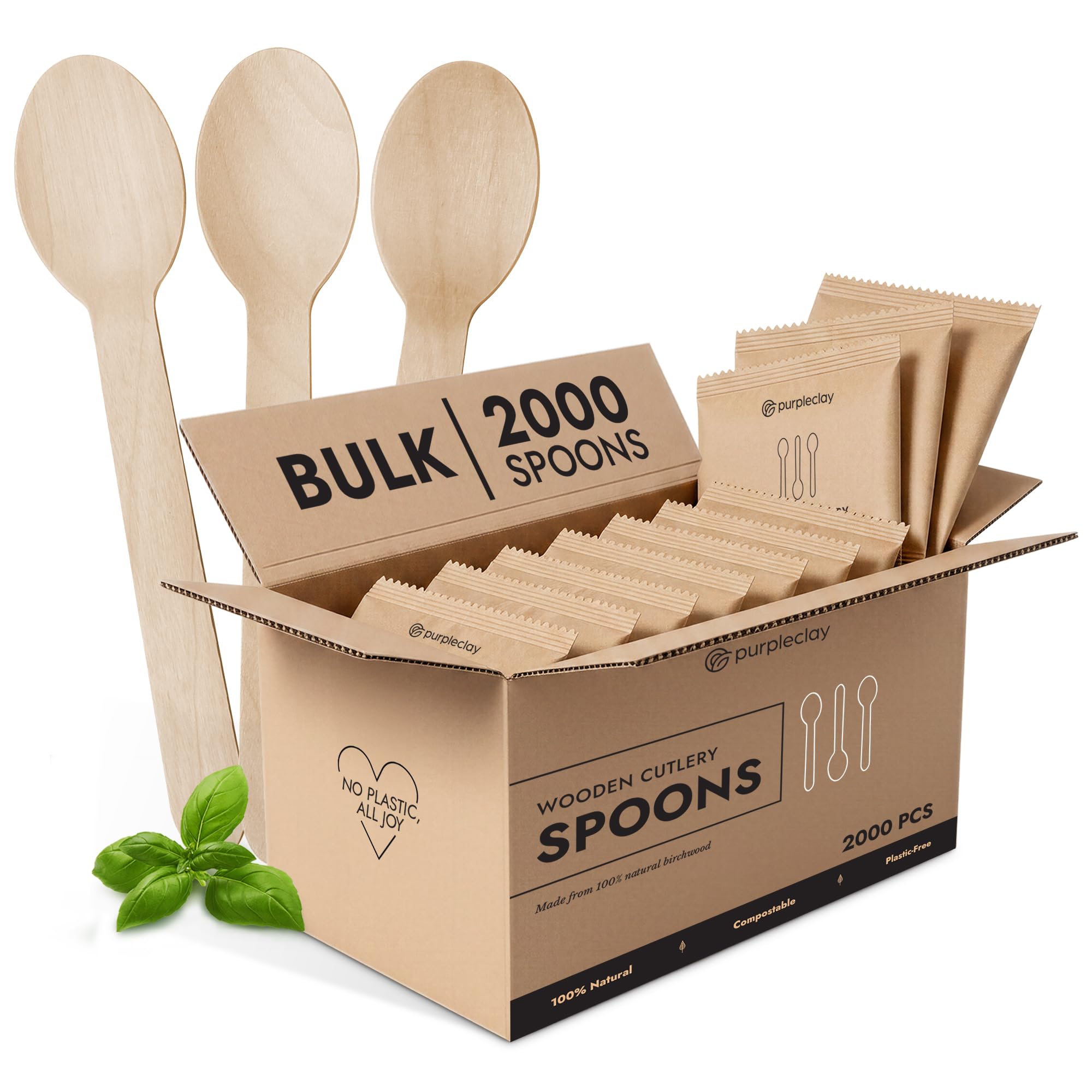 PURPLECLAY Bulk Wooden Disposable Spoons 2000 Pieces, FSC Certified Birchwood Compostable Spoons, Eco Friendly Plastic Free Wood Cutlery for Restaurants, Catering, Schools, Bamboo Spoons Alternative