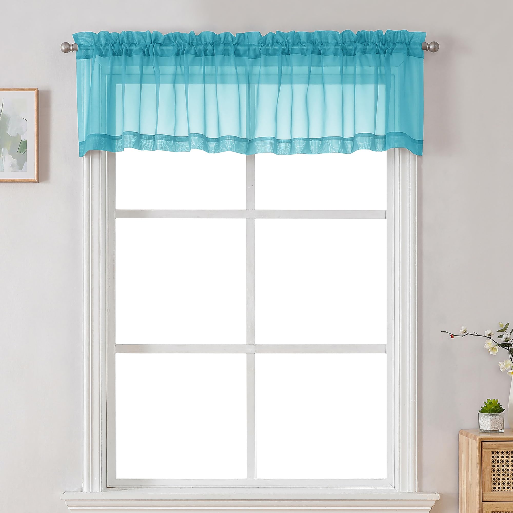 Chyhomenyc Sheer Valances for Windows 2 Pack, Small Window Curtains for Living Room Bathroom Cafe Laundry Basement, Modern Top Dual Rod Pocket Voile Curtain, 42W x 18L inches, Turquoise