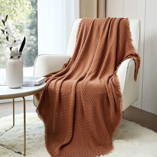 CREVENT Farmhouse Rust Knit Throw Blanket for Couch Sofa Chair Bed Home Decoration, Soft Warm Cozy Light Weight for Spring Summer Fall (127cmX152cm Caramel / Brown / Burnt Orange)