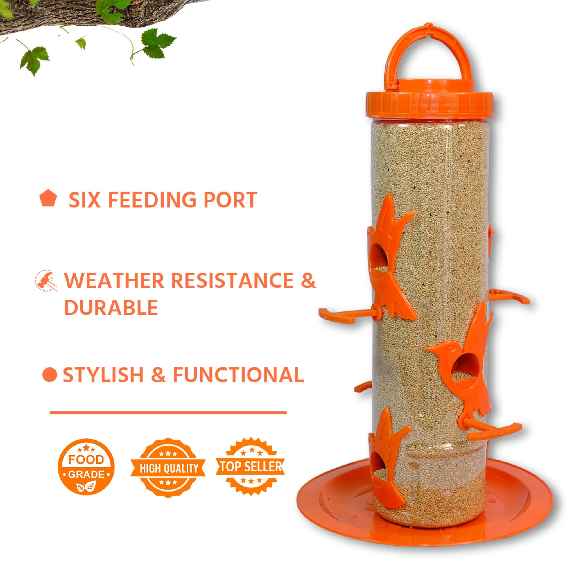 Amijivdaya Hanging Bird Feeder with 6 Feeding Ports | 900g Capacity | Food-Grade Plastic | Durable and Weather-Resistant Design (Orange, 1 Piece) 3