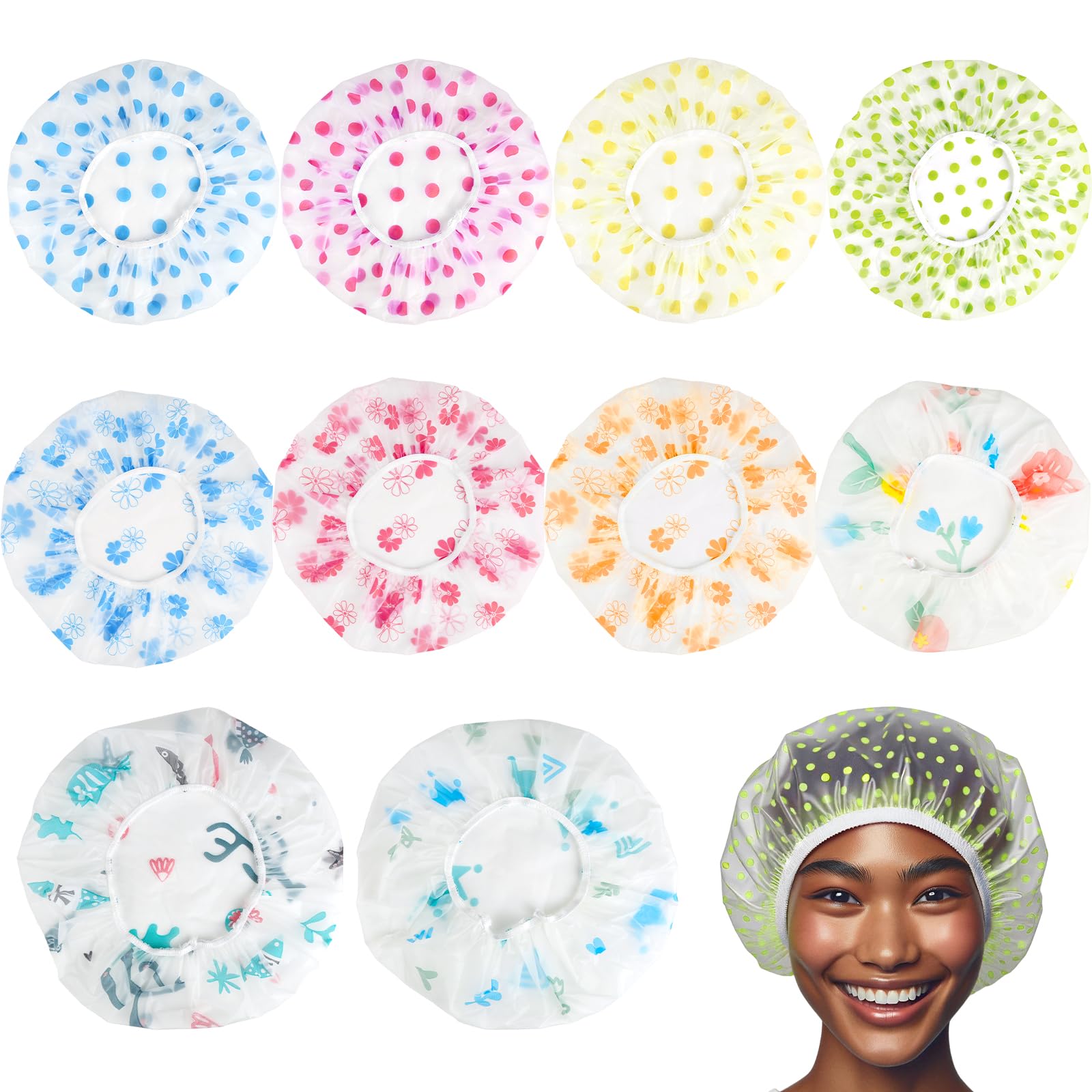 Gorro Ducha de 10 Piezas, Gorro Ducha Mujer Impermeable Reutilizable, Gorro de Ducha Elástico, Gorro de Ducha Mujer de Colores para Casa, Hotel, Viajes, Spa, Maquillaje