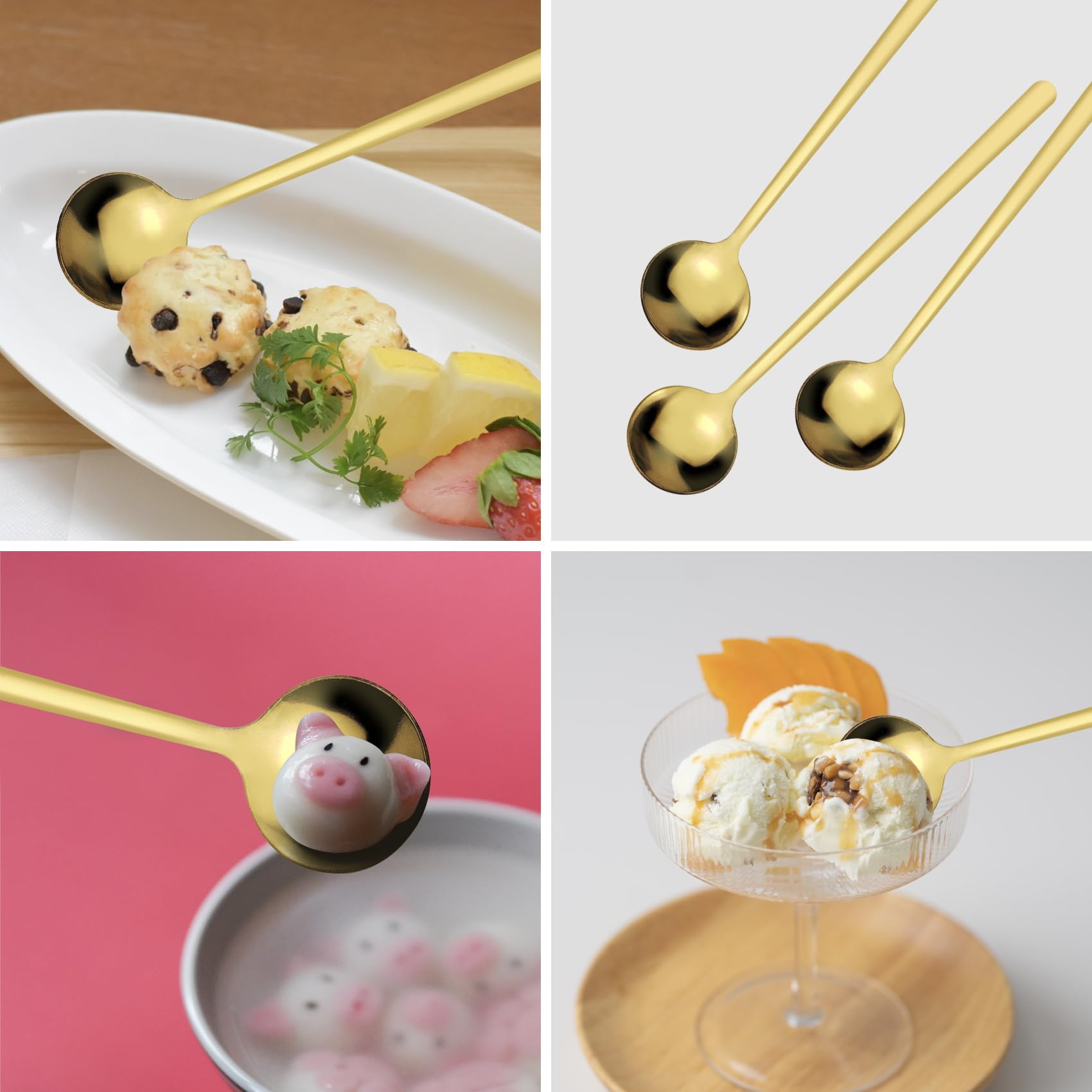 Paquete de 3 cucharas de café, cucharas redondas de postre, cucharas de té de acero inoxidable, cucharas de sopa, juego de cucharas pequeñas para chocolate, pasteles, helado (3, dorado)