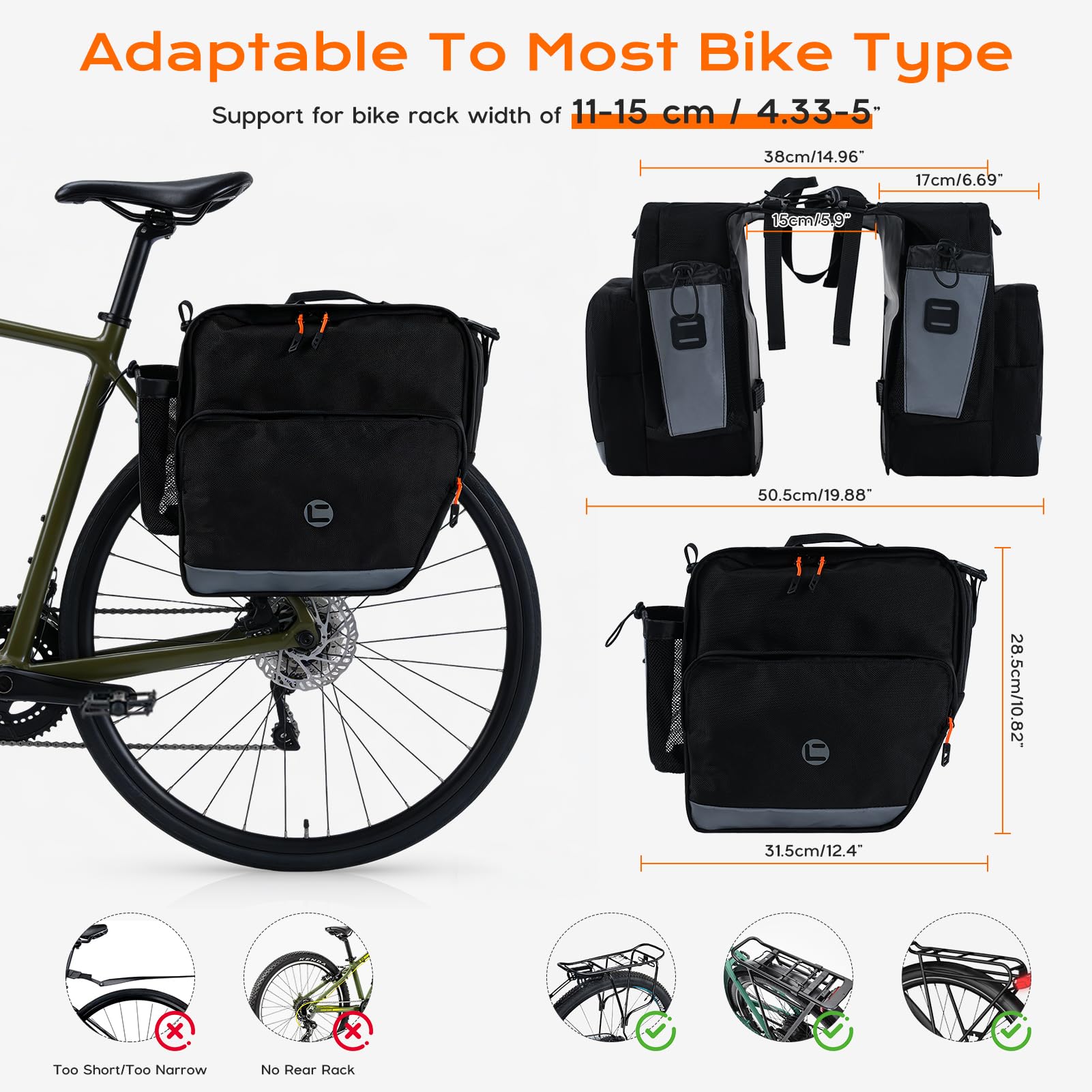 30L Borse per Bici, Borsa Posteriore Bicicletta Impermeabile Borse Laterali Bici Doppia Sacca Riflettente 1680D Nylon Borsa da Portapacchi con Manico per Ciclismo Viaggi Pendolarismo (A)