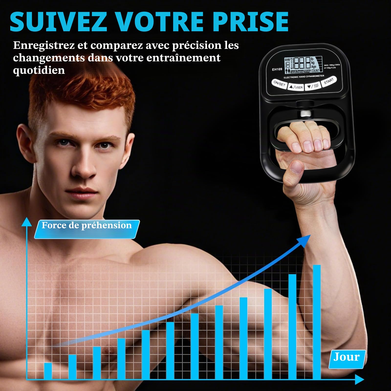 Dynamomètre Numérique à Main 180 Kg, Dynamomètre électronique Rechargeable, Avec écran LCD, 19 Fonction D'enregistrement D'utilisateur, Pour Convient aux athlètes et à l'entraînement à domicile