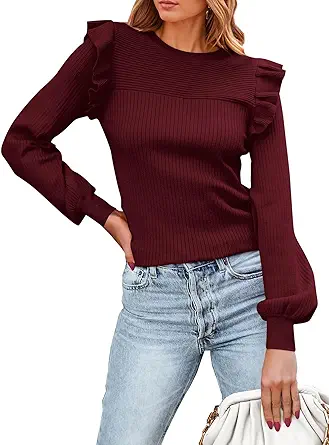 PRETTYGARDEN Women's Ruffle Long Sleeve Sweaters Crew Neck Lightweight Sweater 2025 Fall Trendy Ribbed Knit Pullover Tops