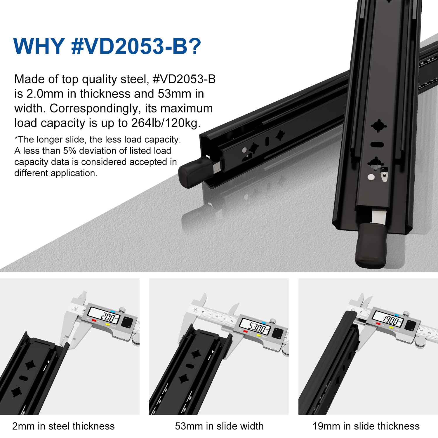 VADANIA 400mm Heavy Duty Drawer Runners with Lock #D53 Black Drawer Slides 1 Pair, Max Load 120kg, Side Mount Full Extension - Image 3