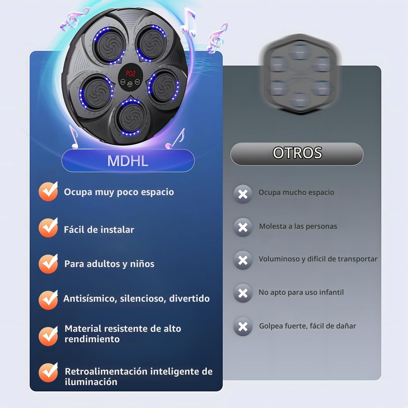 Máquina de Boxeo Música Adulto - Extra Large a Parete Professionale a LED Dinamico a Bluetooth Smart con Musica Elettronica a 9 Velocità per Bambini e Adulti per Casa, Altura de instalación Ajustable