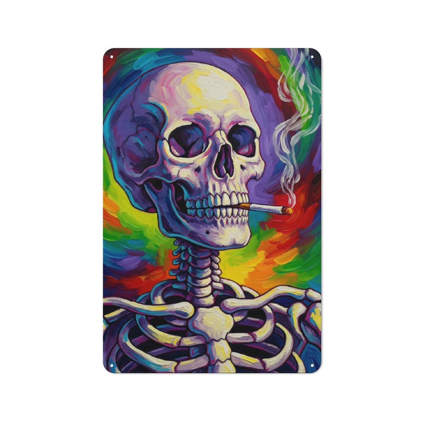 Junmoney Colorful Smoking Skull Painting Vintage Metal Sign 30X20cm, Bistro Style Bistro Wall Plaque For Cafe, Bistro, Bakery Or Restaurant