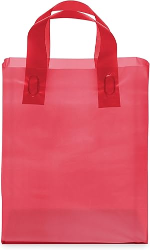 Miniatura 7 de Prime Line Packaging Paquete de 100 bolsas de regalo rojas de 8 x 4 x 10, pequeñas bolsas de compras de plástico esmerilado con asas para pequeñas