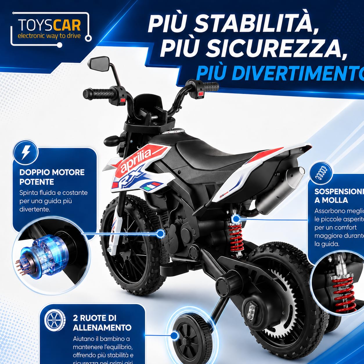 TOYSCAR Moto Elettrica Bambini Aprilia RX Mini Moto Cross SEDILI IN PELLE 3 Ruote Moto Bambini Motore Elettrico 12V Moto Per Bambini 1-4 Anni Luci Led BLUETOOTH Sospensioni A Molla