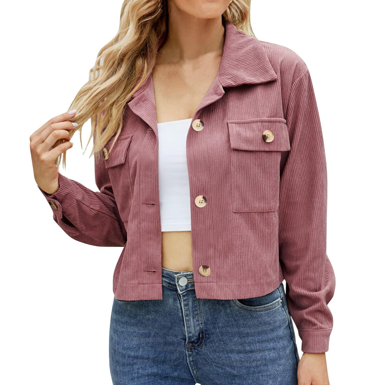 WWricotta Blusa informal de color sólido engrosada con cuello levantado para mujer con bolsillos dobles y cierre de botón, ideal para otoño e invierno,