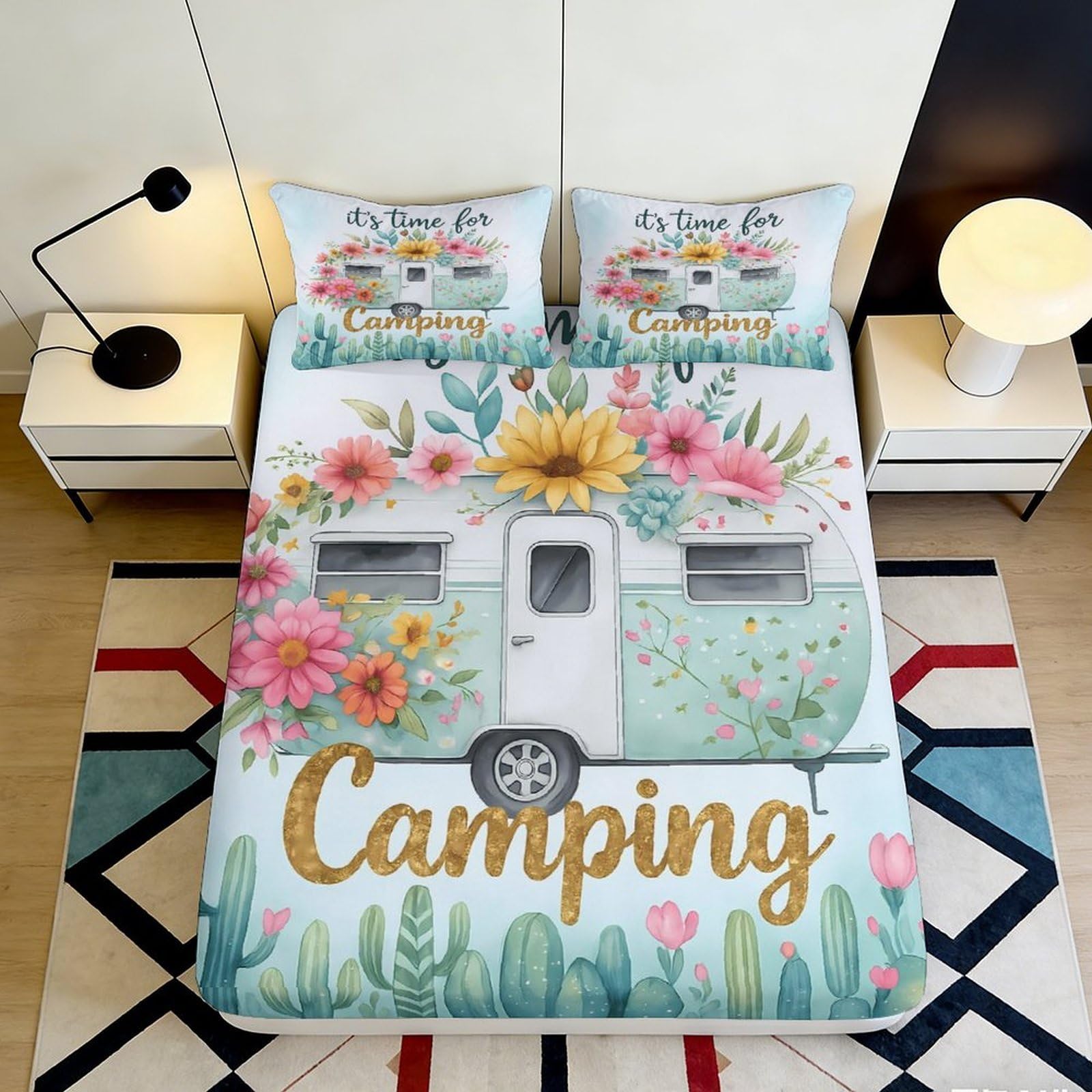 3D Printed Camping Floral Fitted Sheet Microfiber Soft Breathable Caravan Bed Cover for Bedroom Guest Room Decor 90x200x25cm