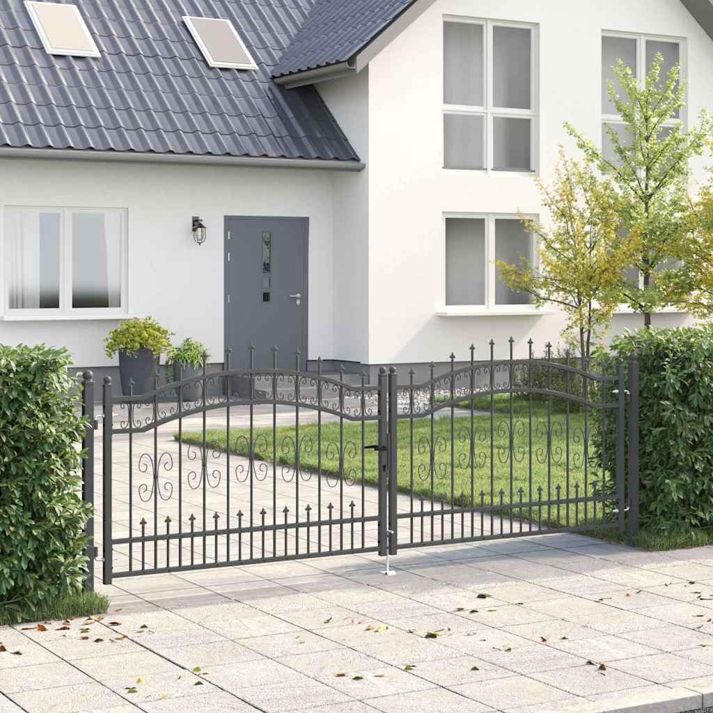 IKAYAA Cancello Doppio con Punte a Lancia Cancelletto Giardino Cancello per Recinzione Cancello Pedonale Privacy con Serratura e Chiavi Ingresso Pedonale in Acciaio-Grigio-305 x 100 cm