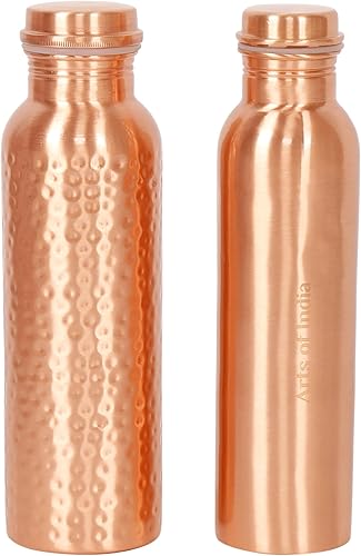 Botella de agua de cobre puro, juego de bebida, capacidad 33.8 fl oz, juego de 2 (martillado y liso)