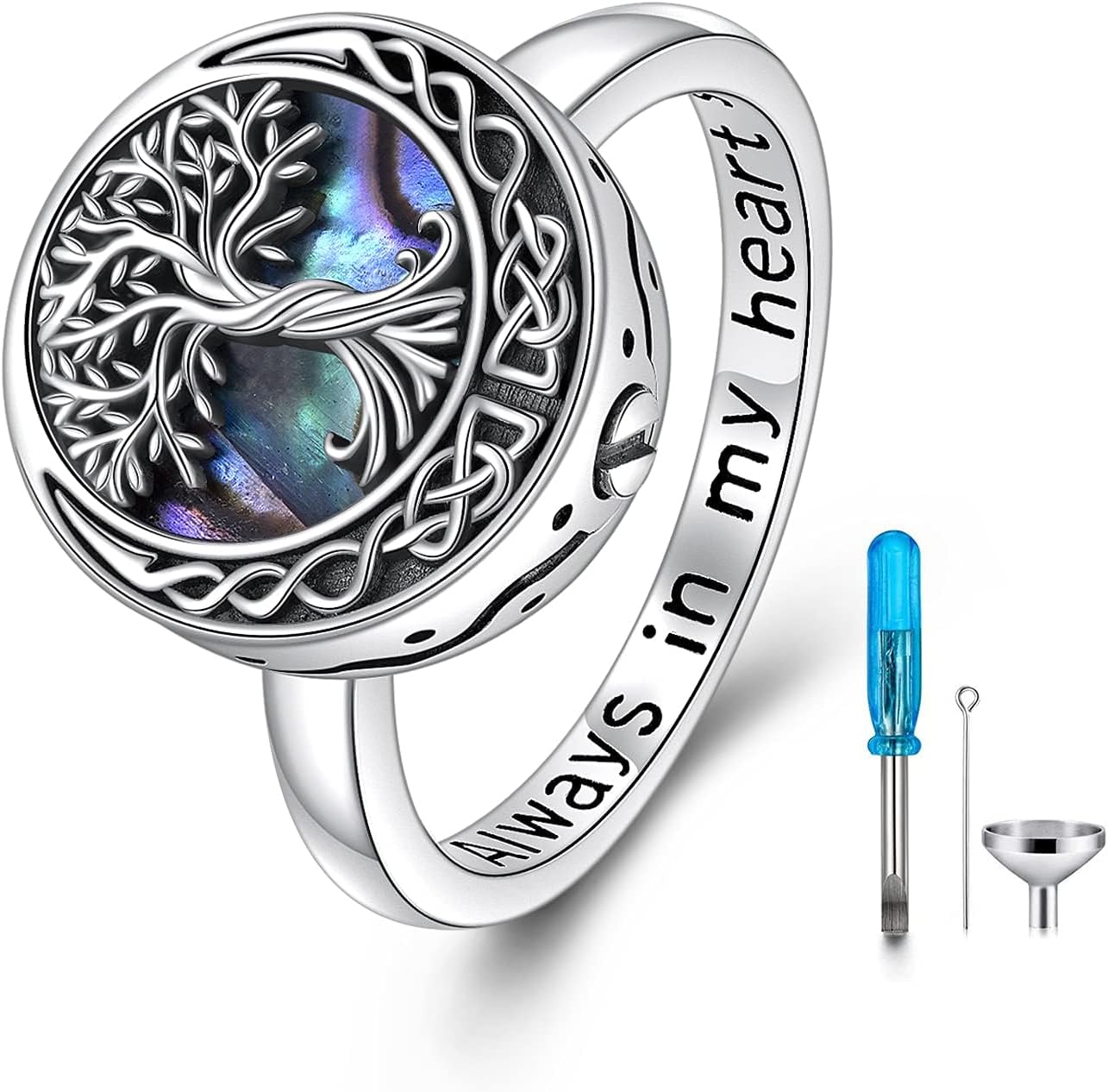 ONEFINITY Tree of Life Urn Ring for Ashes Celtic Knot Family Tree Memorial Keepsake Jewelry Always in My Heart Cremation Ring for Women Men