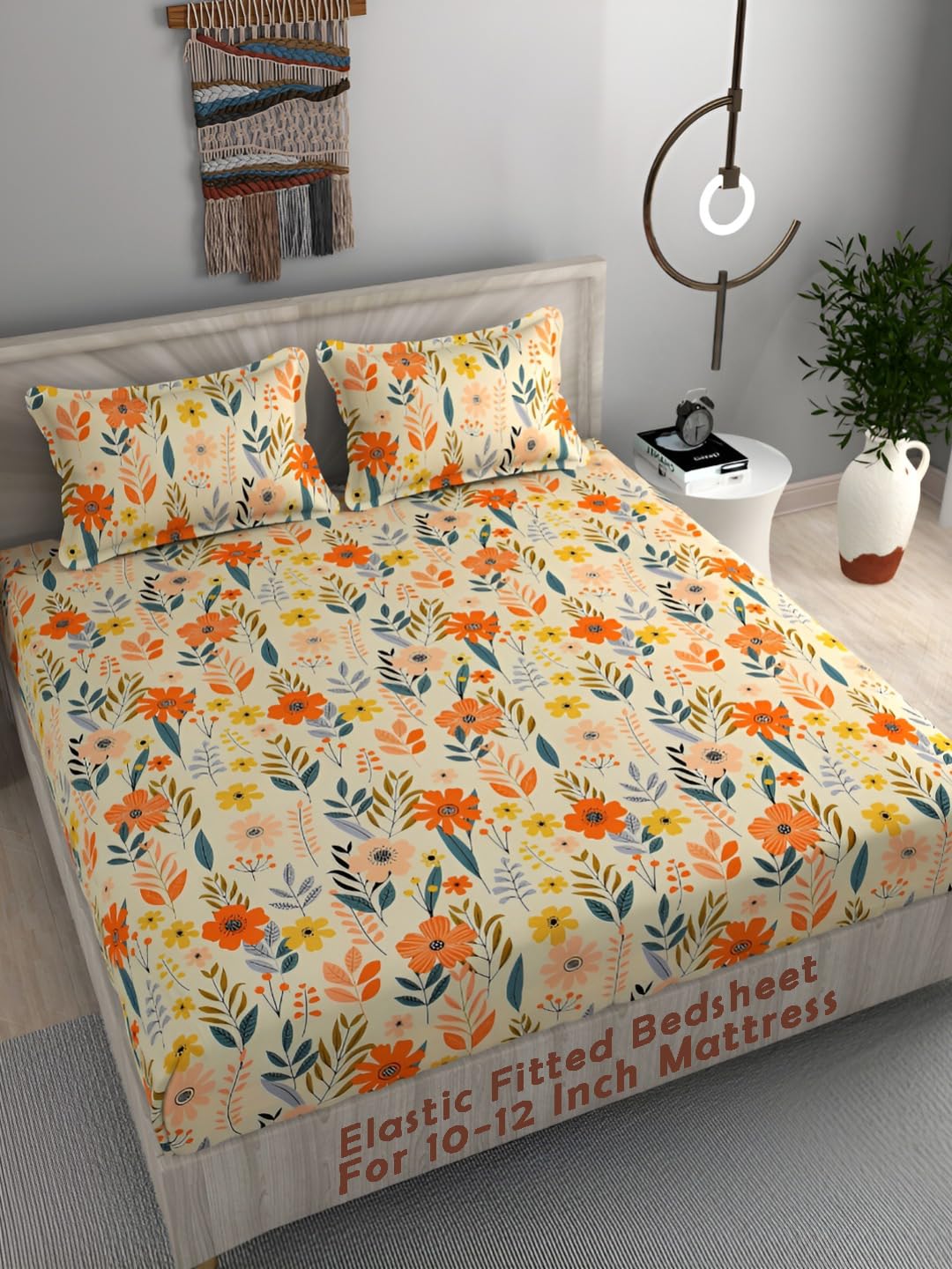 DECOMIZER Cotton Feel Glace Cotton Elastic Fitted Printed King Size Double Bed Bedsheet with 2 Pillow Coverm Fits Upto 8 inches Mattress,Size- 72x78 Inches,Yellow Flowers discount deal
