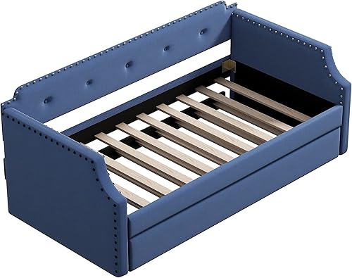 Miniatura 4 de GLORHOME Sofá cama tapizado de tamaño individual con nido, plataforma de soporte de listones de madera, marco de cama, muebles que ahorran espacio