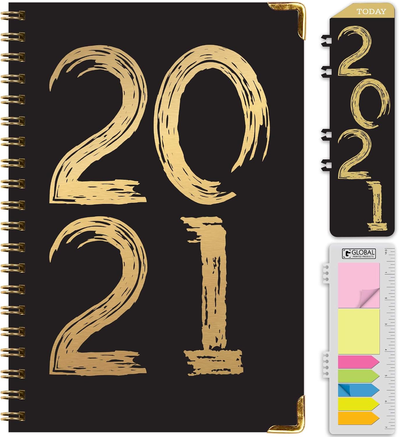 HARDCOVER 2021 Planner: (November 2020 Through December 2021) 5.5"x8" Daily Weekly Monthly Planner Yearly Agenda. Bookmark, Pocket Folder and Sticky Note Set (Black/Gold 2021)