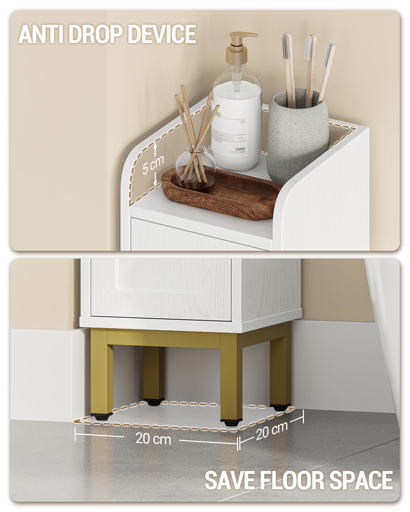 Hzuaneri Mueble de Baño, Armario de Almacenamiento Estrecho para Baño, 3 Puertas, 4 Patas Ajustables, para Lavadero, Cocina y Sala de Estar, 20 x 20 x 108,5 cm, Blanco BC22313G | Armario esquinero con patas ajustables, para cuarto de baño, cocina, 20 x 20