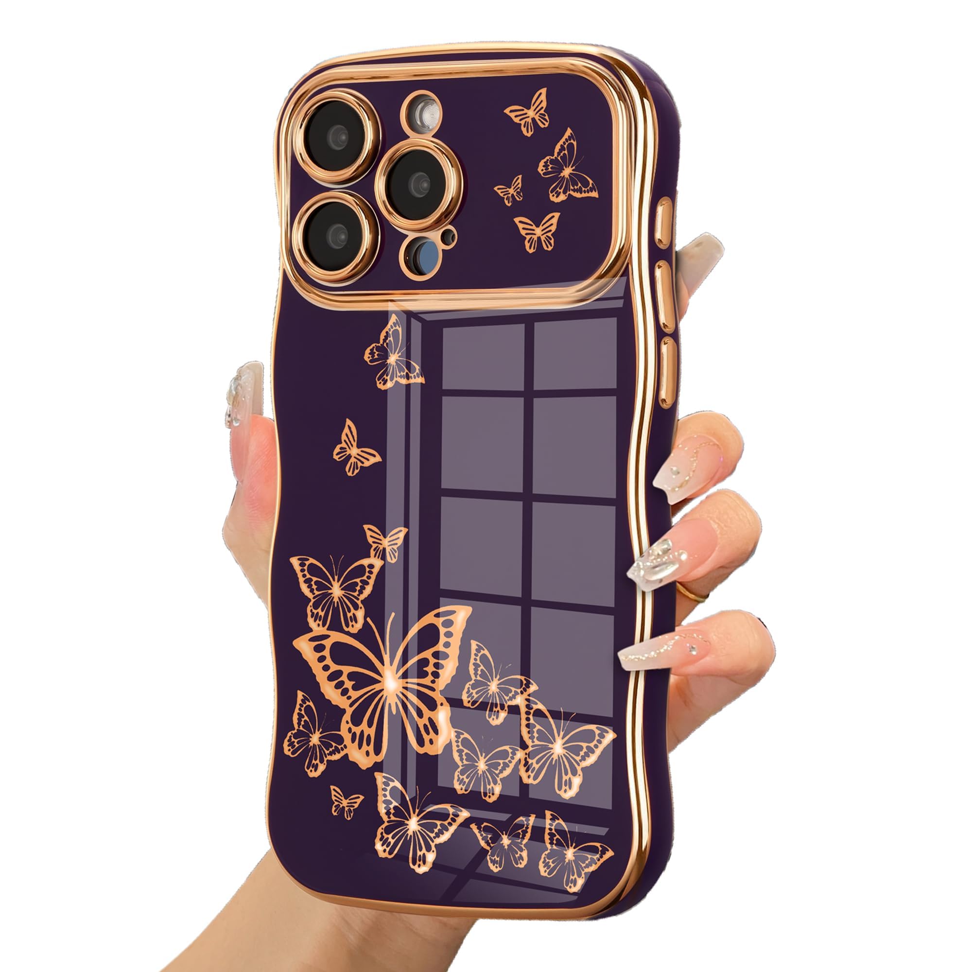 ZTOFERA for iPhone 14 Pro Max Case for Girl Women, Cute Curly Wave Frame with Luxury Plating Butterfly Pattern, Soft TPU Shockproof Raised Lens Protection Phone Case for iPhone 14 Pro Max,Dark Purple