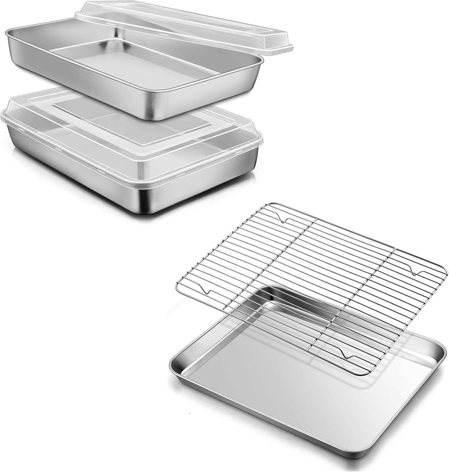 E-far Stainless Steel Baking Pan with Baking Sheet Rack Set Bundle, 12⅓ x 9¾ x 2 Inch Rectangle Sheet Cake Pans with Covers, 16”x12” Stainless Steel Cookie Sheet Pan for Oven, Non Toxic & Easy Clean