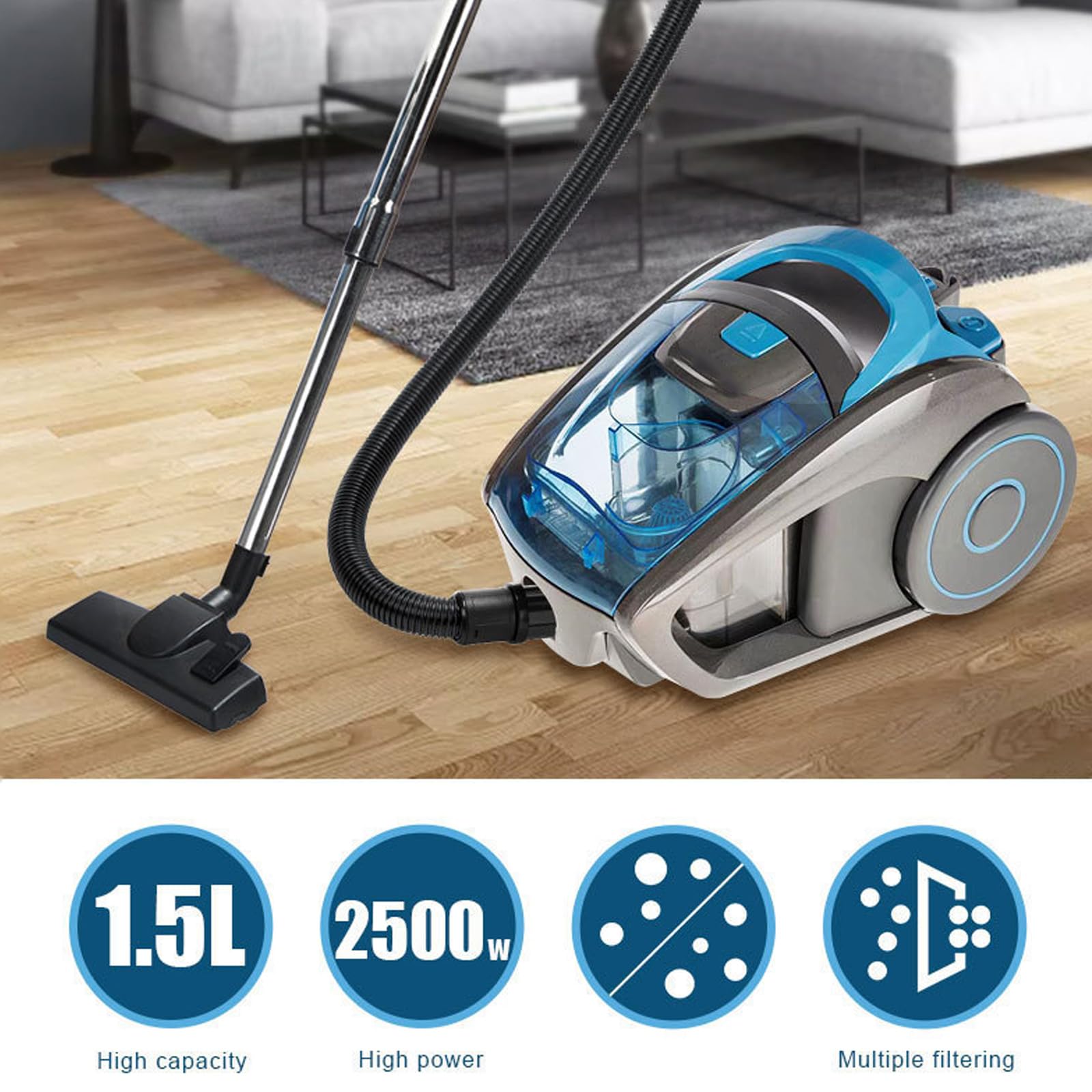 Aspiradora de Trineo sin Bolsa de 1.8L, aspiradora de Mano con Manguera antitorsión y Tapa Visible, filtración múltiple, para la Limpieza de Pisos de Madera, alfombras y baldosas de cerámica