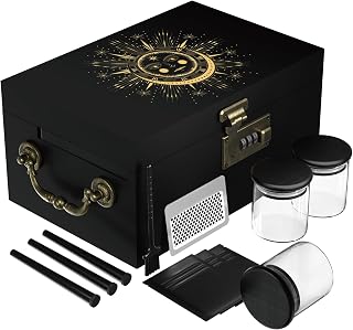 AMIDA Large Bamboo Box with Combination Lock,Gold Wooden Decorative Storage Box Upfrade Tray for Great Gift Choice, Christmas Gifts, for Coffee Beans, Candy, Tea, etc (Sun Moon)