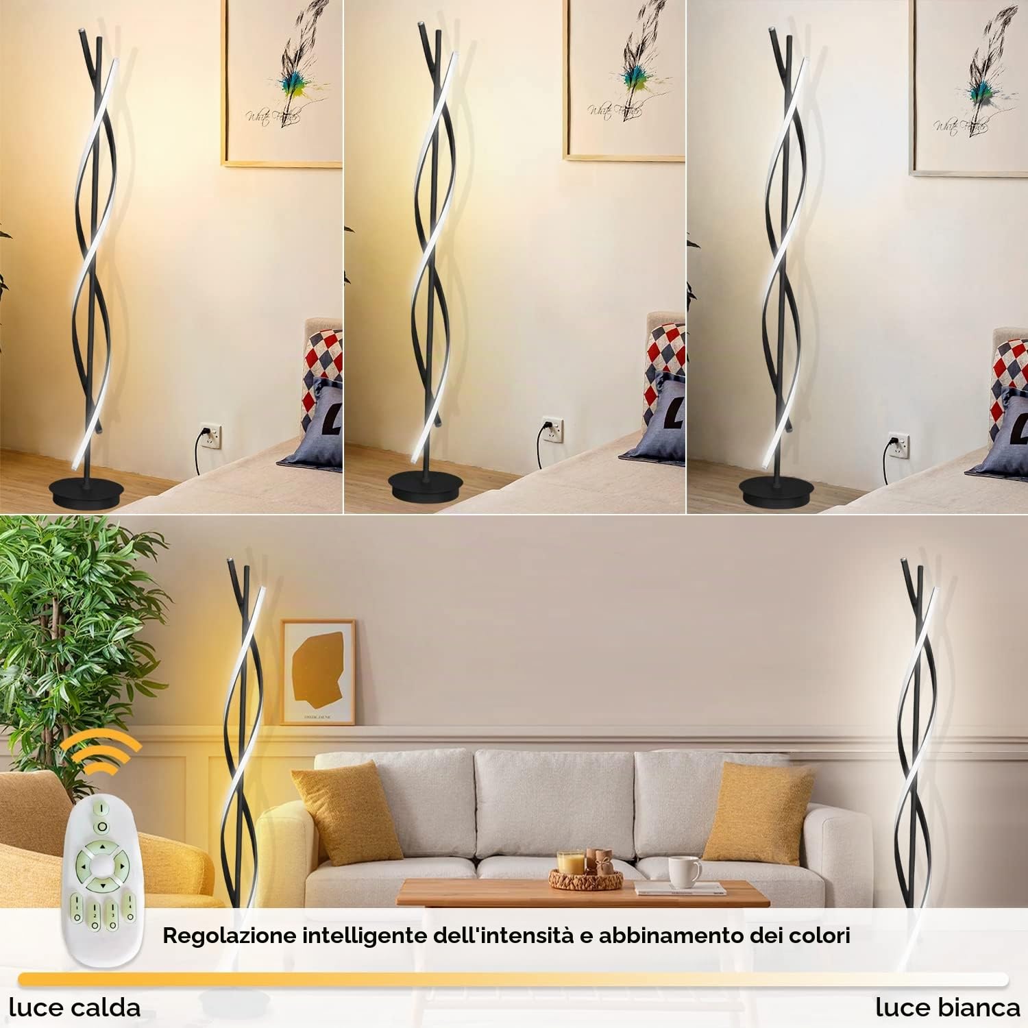 Lampada da Terra Salotto LED, 52W Piantana Lampada da Terra Dimmerabile Con Telecomando,155cm Lampada da Pavimento Moderno Spirale Design Per Comodino Camera da Letto Ufficio Lettura(nero)