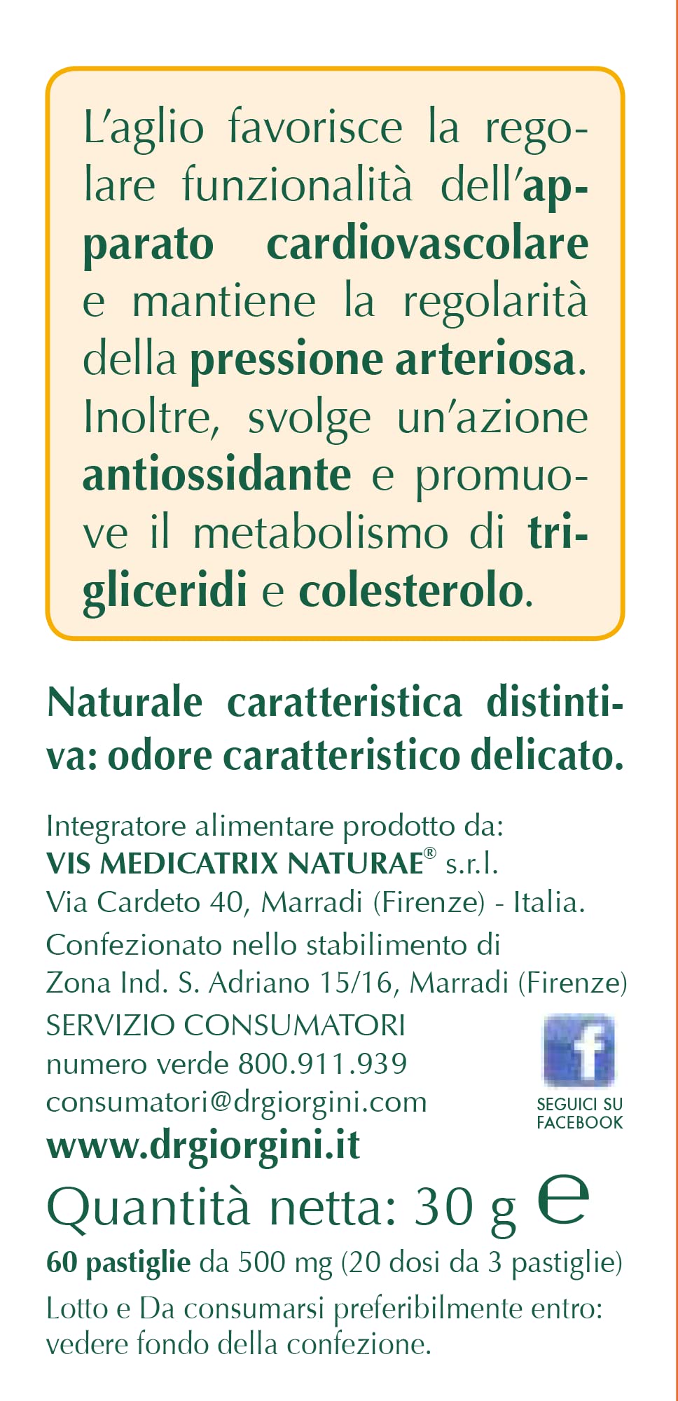 Dr Giorgini Integratore Alimentare, Monocomponenti Erbe Aglio Estratto Titolato al 2% in Allina Pastiglie - 30 g