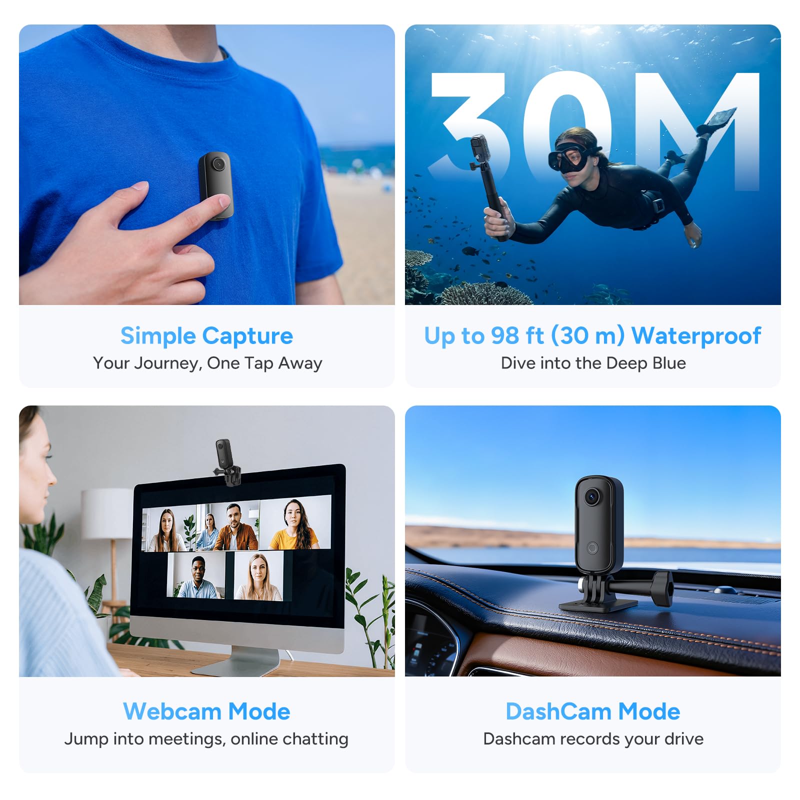 SJCAM Telecamera POV C100 Pro 4K, con scheda da 64 GB, videocamera da pollice WiFi 5G, videocamera portatile indossabile da 32 g, CMOS da 1/3" | f/2.5, impermeabile fino a 30 m, con custodia, mini