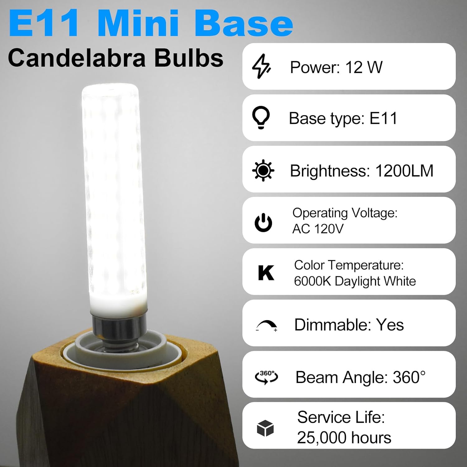 JDE11 120V 120W Halogen Chandelier LED Bulbs Equivalent, Dimmable E11 T3/T4 Mini Base LED Bulbs 12W 6000K Daylight White 1200LM for Ceiling Fan, Candelabra, Chandeliers（2 Pack）