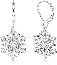 KRFY 925 Sterling Silver Snowflake Hoops Earrings for Women 18K White Gold Plated Christmas Earrings Drop Leverback Dangle Snowflake Earring Holiday Xmas Earring for Women Jewellery Gifts with Box