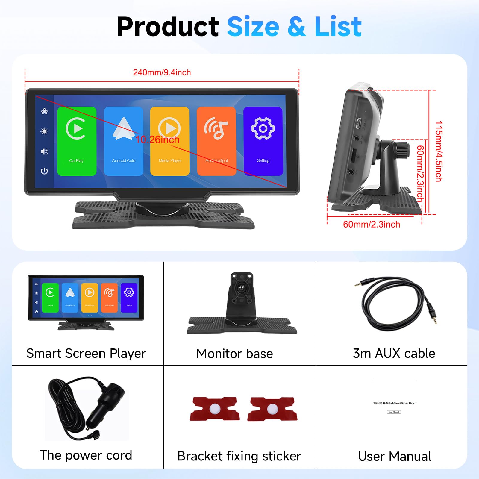 Hodozzy Radio Portátil Coche Carplay Android Auto Inalámbrica,Pantalla Táctil IPS de 10,26 Pulgadas con Carplay, Manos Libres Bluetooth, Mirrorlink, FM Transmisor,Portable Pantalla Coche TF/AUX