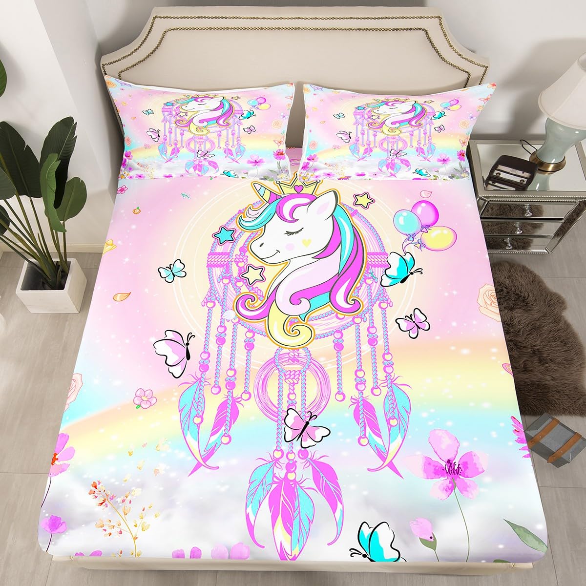 Juego de sábanas de Unicornio para niñas, Juego de sábanas de Unicornio con Bolsillo Profundo, Juego de sábanas de Unicornio para niñas, Juego de Ropa de Cama de fantasía de Estrella arcoíris tamaño