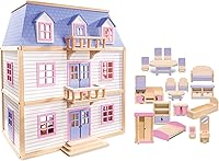 Melissa & Doug Wooden 3-Level Dollhouse with 19pc Furniture - Sturdy Multi-Story Pretend Play Set for Kids 3-10