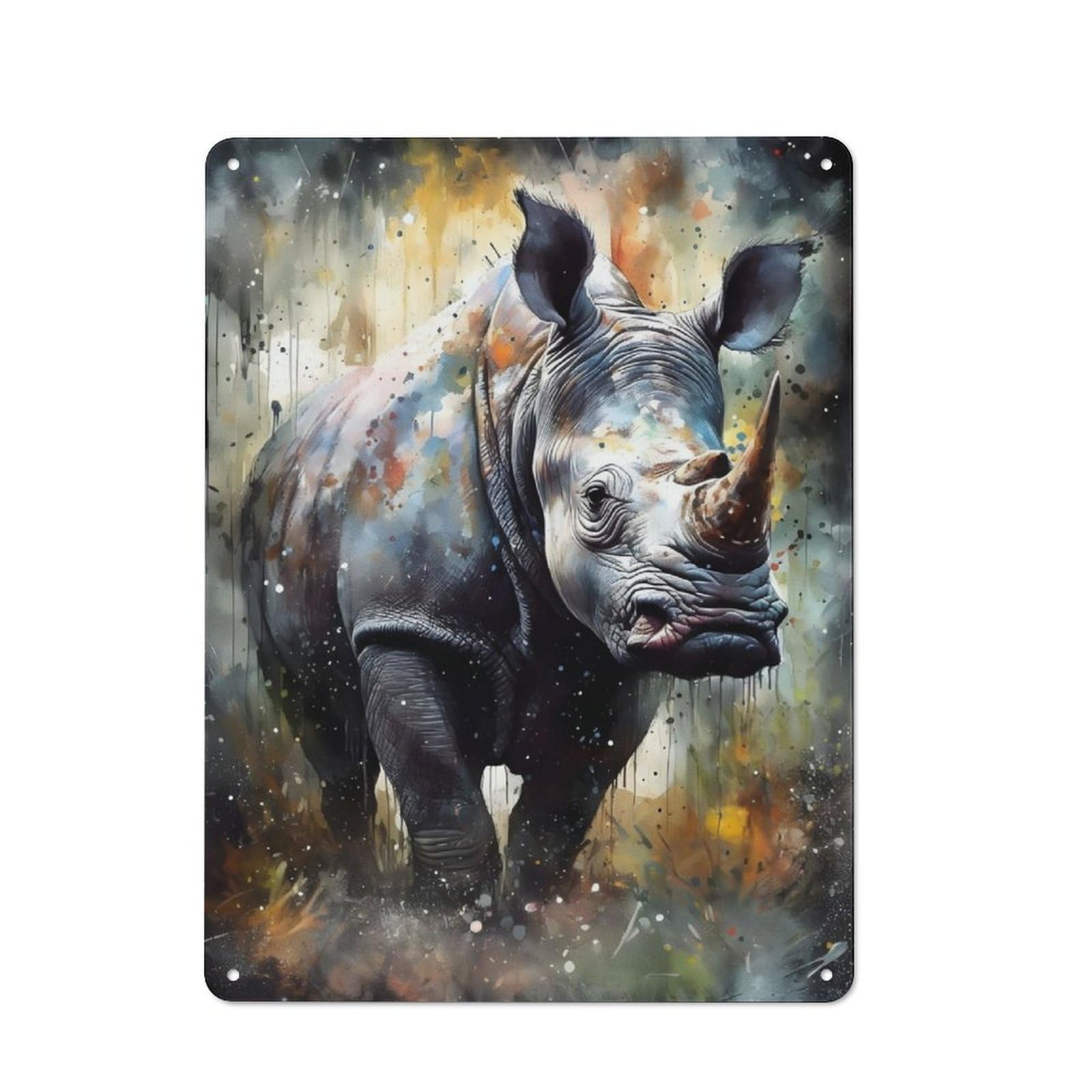 Junmoney Rhino Watercolors Rustic Tin Wall Plaque 40X30cm For Living Room Wall, For Kitchen, Dining Room And Home Bar Wall Decor