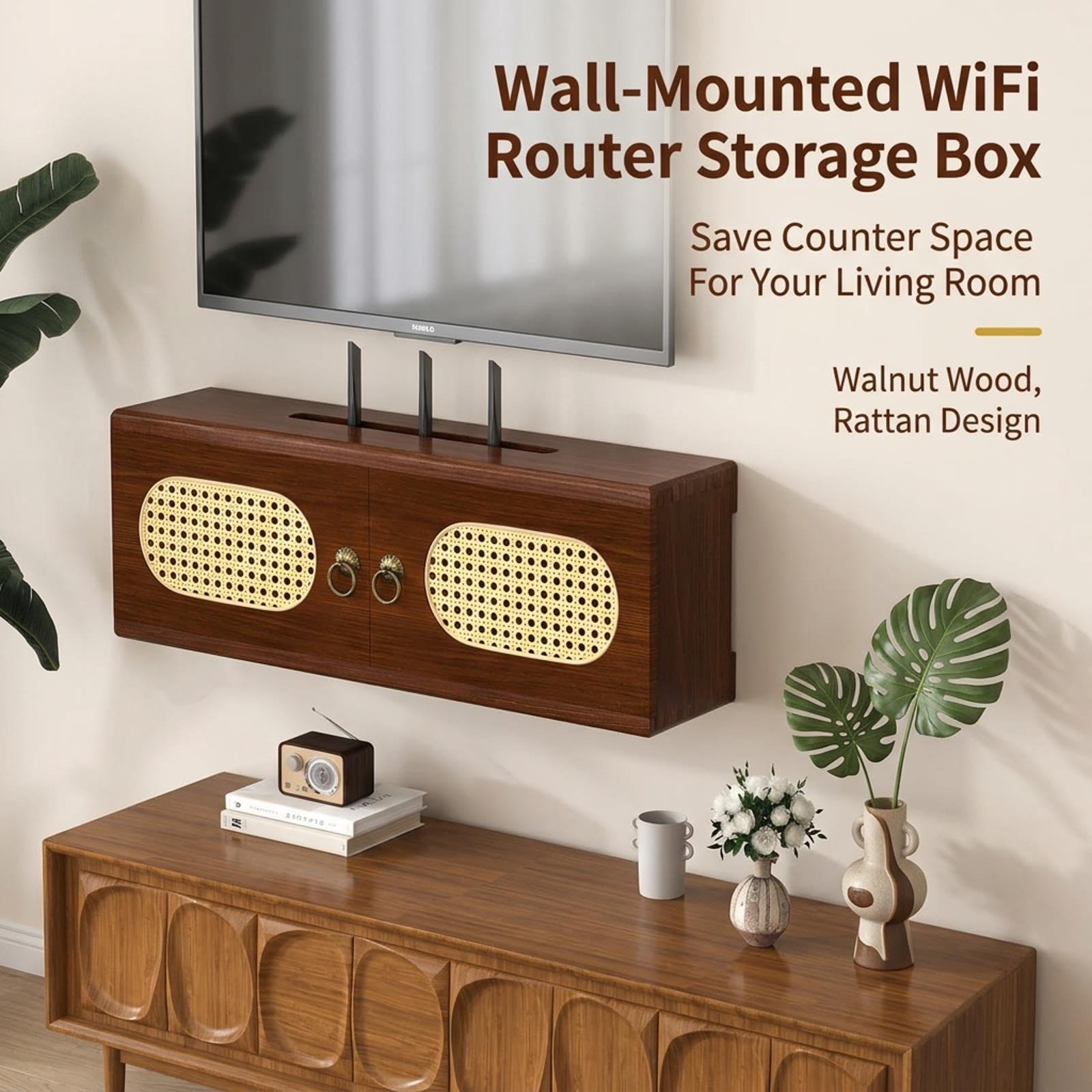 Mobiletto WiFi in legno scuro, Scaffale a muro vintage, Organizer router