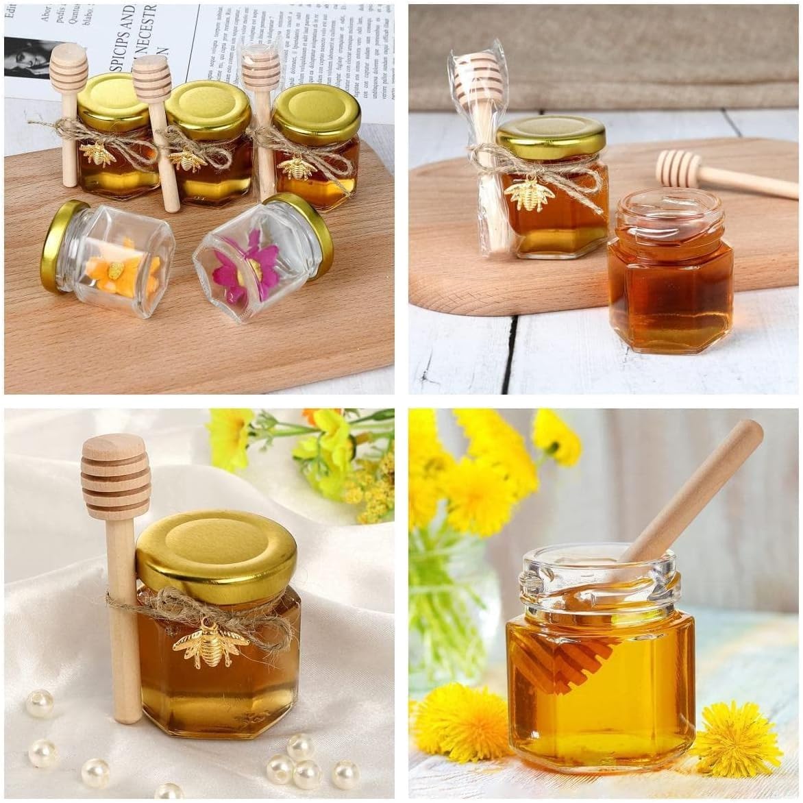 Confezione da 20 barattoli per miele, 45 ml, mini barattoli per marmellata e miele, con cucchiaio per miele, ciondolo a forma di ape, iuta, biglietti di ringraziamento, perfetti per baby